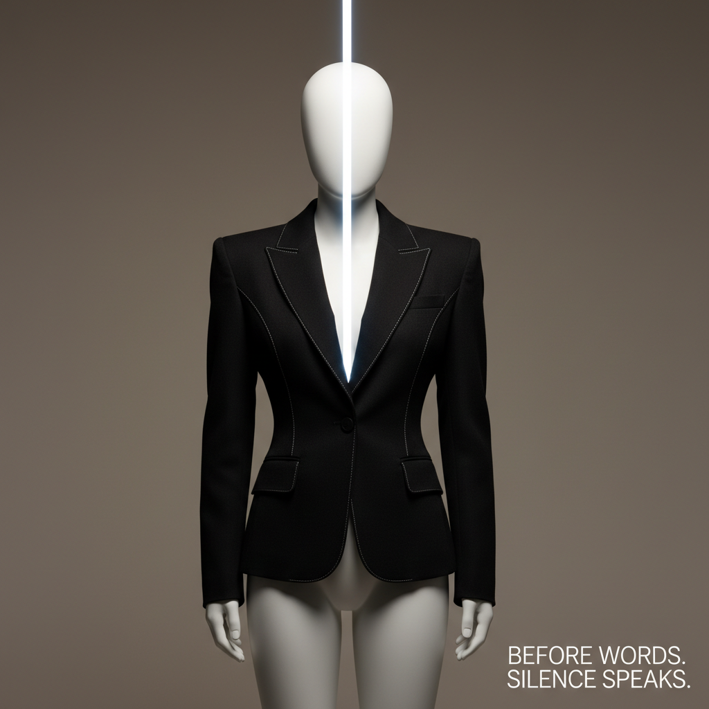 A single, impeccably tailored black blazer displayed on a sculptural, headless matte-white torso form against a seamless warm gray backdrop. The blazer’s fabric is subtly textured wool, with razor-sharp lapels, precise stitching, and a defined waist that suggests authority and elegance. A narrow, vertical strip of cool studio light falls from above, tracing the shoulders and silhouette, while the background recedes into a soft gradient. Captured at eye level with a slightly off-center composition, shallow depth of field keeps the form in crisp focus while edges gently blur. The mood is powerful, minimalist, and editorial, embodying the idea that how you present yourself enters the room before any words are spoken.
