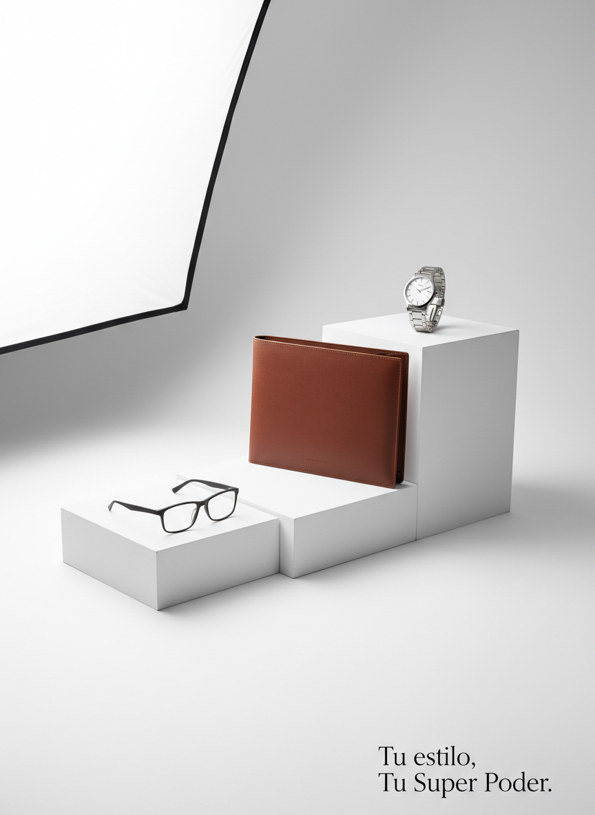 A series of three ascending plinths in a pristine white studio, each holding a carefully selected accessory: on the lowest, a pair of minimalist matte-black eyeglass frames; on the middle, a structured leather portfolio in deep cognac; on the highest, a sculptural, timeless wristwatch with a clean dial and metal bracelet. Light from a large, diffused softbox on the left creates gentle gradients across the objects and crisp, controlled shadows behind the plinths. Shot from a slightly low, diagonal angle, the composition leads the eye upward, symbolizing the evolution from detail to complete strategic image. The atmosphere is refined, modern, and aspirational, like a luxury brand campaign aligned with “Tu estilo, Tu Super Poder.”