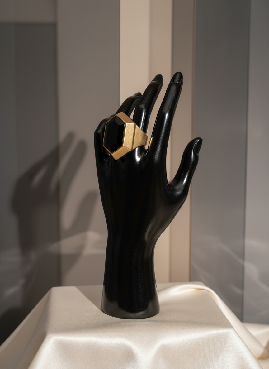 A high-gloss black mannequin hand resting on a satin-covered pedestal, adorned with a single, bold statement ring featuring a geometric onyx stone in a brushed gold setting. Behind it, an abstract backdrop of layered translucent panels in smoky gray and warm beige creates depth without distraction. Soft side lighting from the right adds a gentle sheen to the satin and a sharp glint on the ring’s edges, casting an elegant shadow of the hand onto the panels. Framed tightly at eye level with a shallow depth of field, the hand and ring dominate the scene, suggesting the idea that one deliberate style decision can become a powerful visual signature in personal branding.