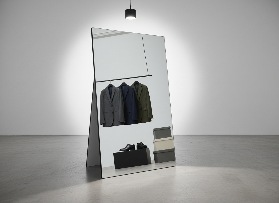 A large, frameless mirror stands alone in a minimalist studio, its reflective surface angled to capture a curated arrangement behind it: structured jackets on sleek black hangers, a pair of polished leather shoes on a low plinth, and a stack of color-coordinated boxes. The floor is smooth concrete, cool and refined. A single, soft spotlight from above and behind the mirror creates a halo of light around its edges, while the reflected scene glows with subtle contrast. Shot from a low, three-quarter angle, the composition emphasizes reflection and depth, suggesting self-discovery and intentional projection of personal style. Photographic realism with a clean, contemporary branding aesthetic.