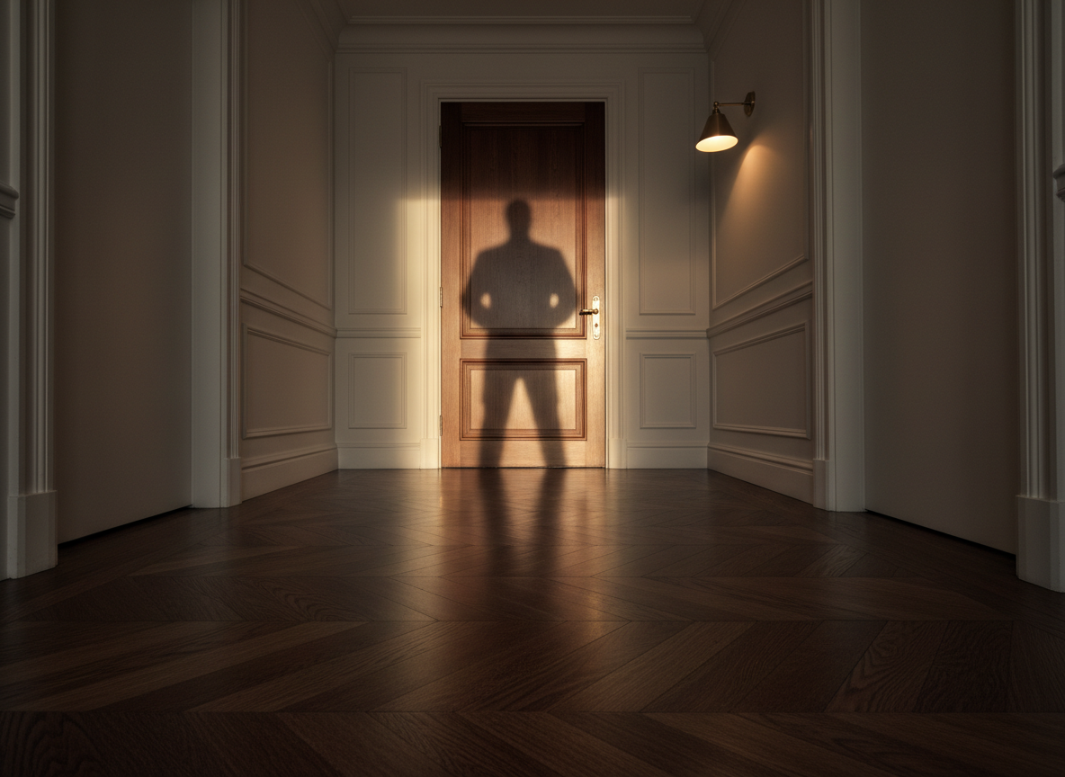 An abstract “presence before words” concept: a closed doorway in a high-end interior corridor, with a luxurious shadow silhouette cast on the door by an unseen figure standing just outside frame. The corridor features dark herringbone wood floors, tall off-white walls with understated moldings, and a single brass sconce emitting warm, directional light. The light sculpts the elongated shadow, making it the focal point, while the surrounding architectural lines lead the eye toward the door. Shot from a slightly low angle with a cinematic, wide composition, the atmosphere feels anticipatory, sophisticated, and strategic, translating the power of first impressions into a polished, photographic branding image.