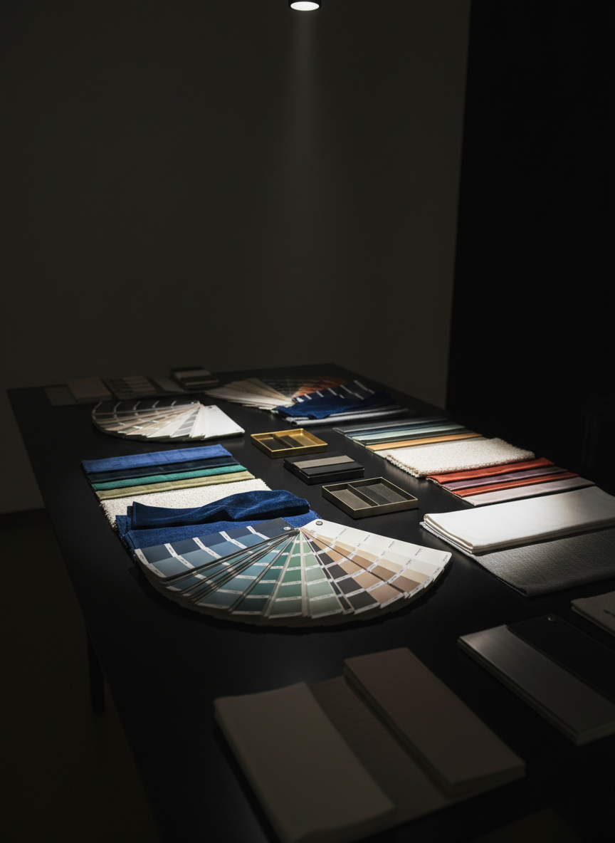 A precision-organized color and texture library laid out across a long, glossy black table in a dimly lit studio: fan decks of color swatches, narrow strips of fabrics from crisp white cotton to midnight velvet, small trays of metal finishes in gold, gunmetal, and brushed steel. A spotlight from overhead creates a dramatic pool of light in the center, leaving the edges to fade into darkness, emphasizing focus and curation. Captured from a slightly elevated three-quarter angle with a medium depth of field, the front swatches are sharply in focus while the rest gradually blur into bokeh. The mood is analytical yet luxurious, conveying the strategic, almost scientific side of building a personal image with intention.