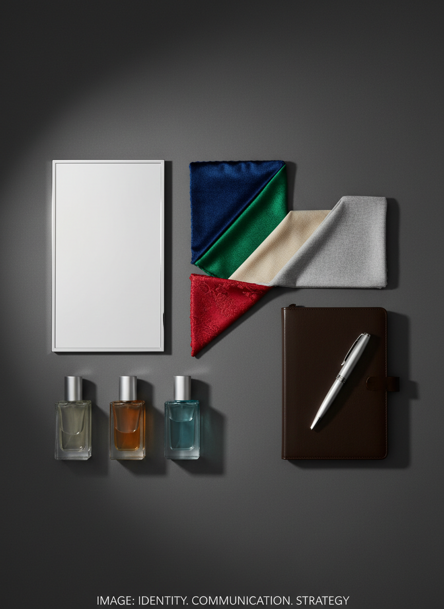 A meticulously arranged flat-lay of a complete “personal image toolkit” on a matte charcoal background: a sleek chrome-framed mirror, rich fabric swatches in deep jewel tones and soft neutrals, a row of minimalist fragrance bottles, and an open leather-bound style notebook with blank, cream pages. Every object is pristine and geometrically aligned, evoking intention and strategy. Soft, diffused studio lighting from the left creates subtle highlights on metal and glass, and velvety shadows around the fabrics. Shot from a perfectly overhead, bird’s-eye perspective with sharp focus throughout, the composition feels like a sophisticated mood board, visually expressing that image is identity, communication and strategic power, not vanity.